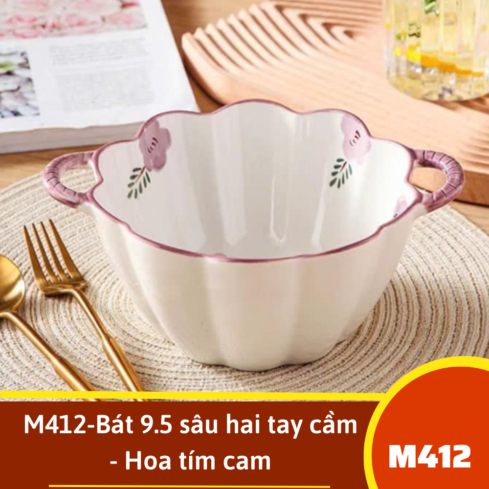 M412-Bát 9.5 sâu hai tay cầm - Hoa tím cam