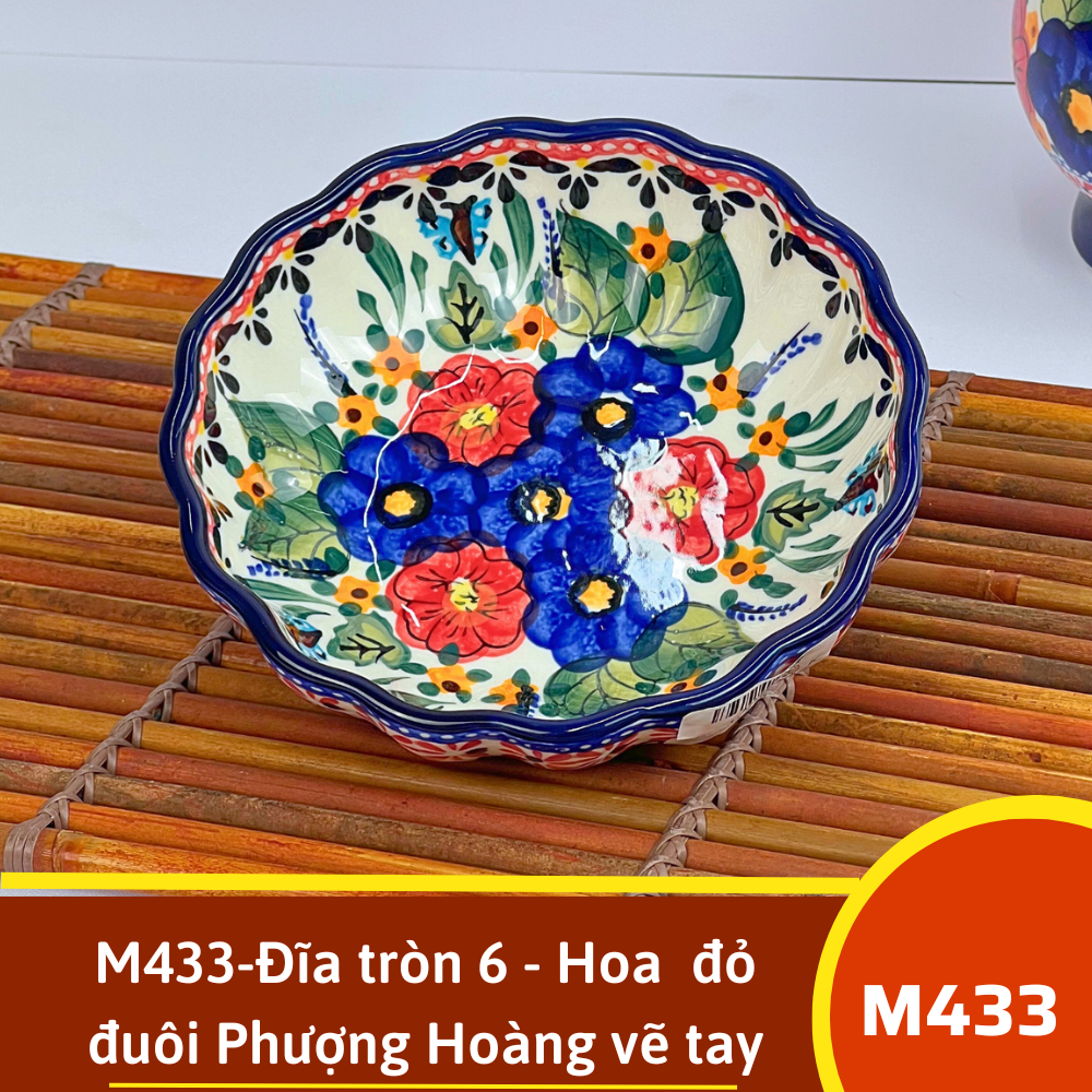M433-Đĩa tròn 6 - Hoa  đỏ đuôi Phượng Hoàng vẽ tay xuất Âu
