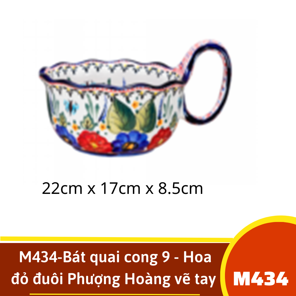 M434-Bát quai cong 9 - Hoa  đỏ đuôi Phượng Hoàng vẽ tay xuất Âu