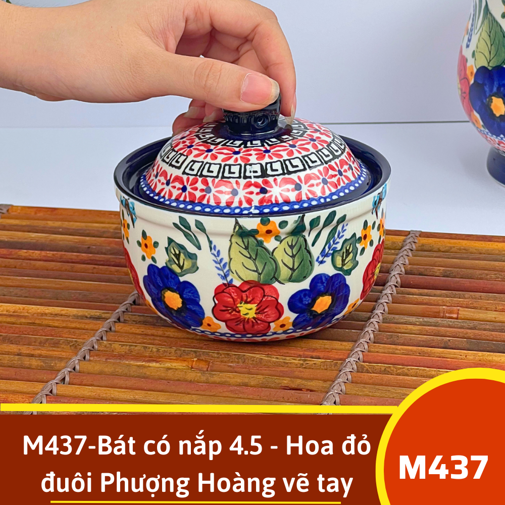 M437-Bát có nắp 4.5 - Hoa đỏ đuôi Phượng Hoàng vẽ tay xuất Âu