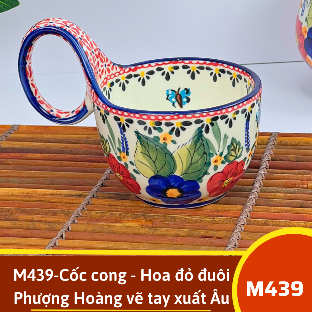 M439-Cốc cong - Hoa đỏ đuôi Phượng Hoàng vẽ tay xuất Âu