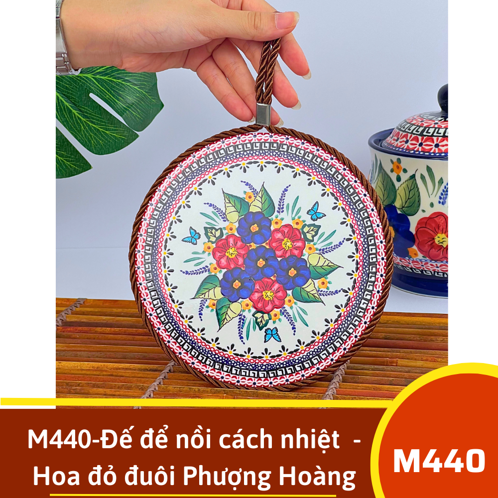 M440-Đế để nồi cách nhiệt  - Hoa đỏ đuôi Phượng Hoàng vẽ tay xuất Âu