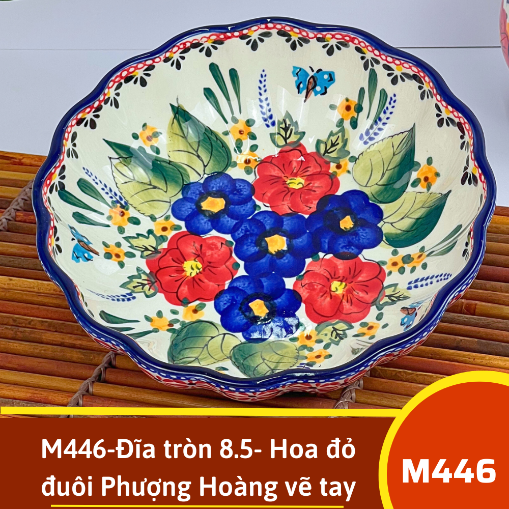 M446-Đĩa tròn 8.5- Hoa đỏ đuôi Phượng Hoàng vẽ tay xuất Âu