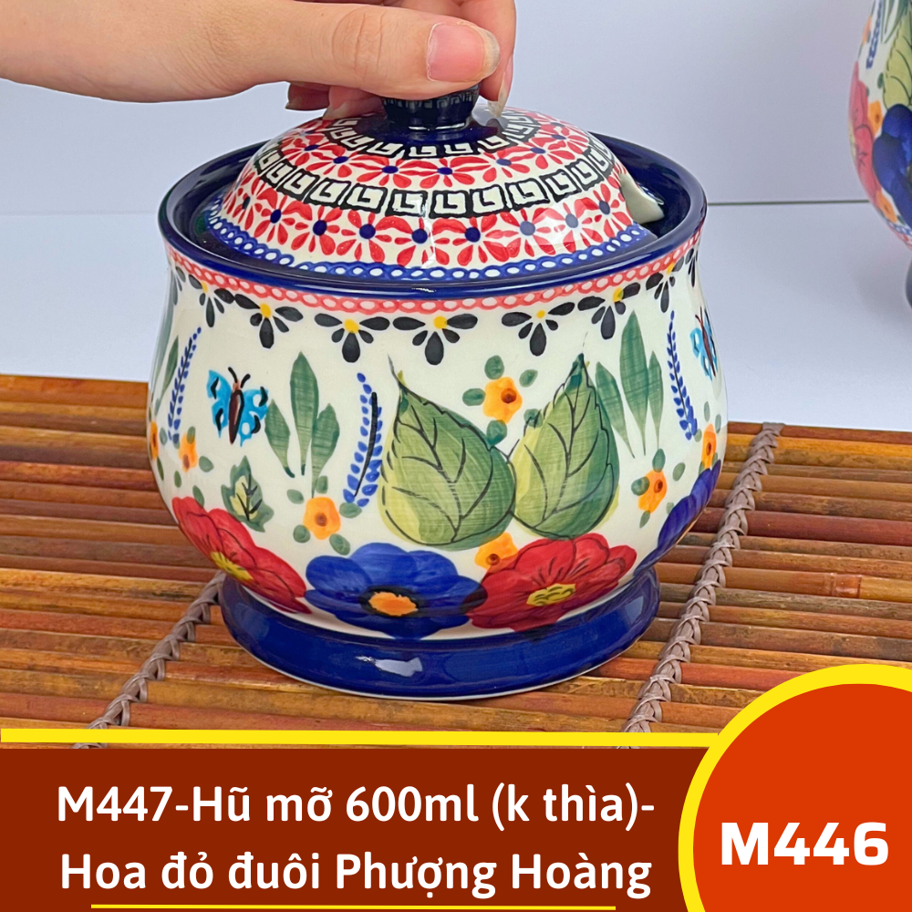 M447-Hũ mỡ 600ml (k thìa)- Hoa đỏ đuôi Phượng Hoàng vẽ tay xuất Âu