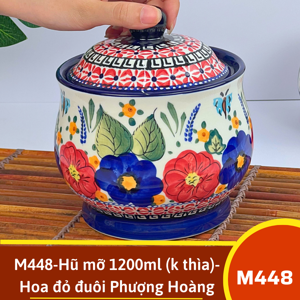 M448-Hũ mỡ 1200ml (k thìa)- Hoa đỏ đuôi Phượng Hoàng vẽ tay xuất Âu