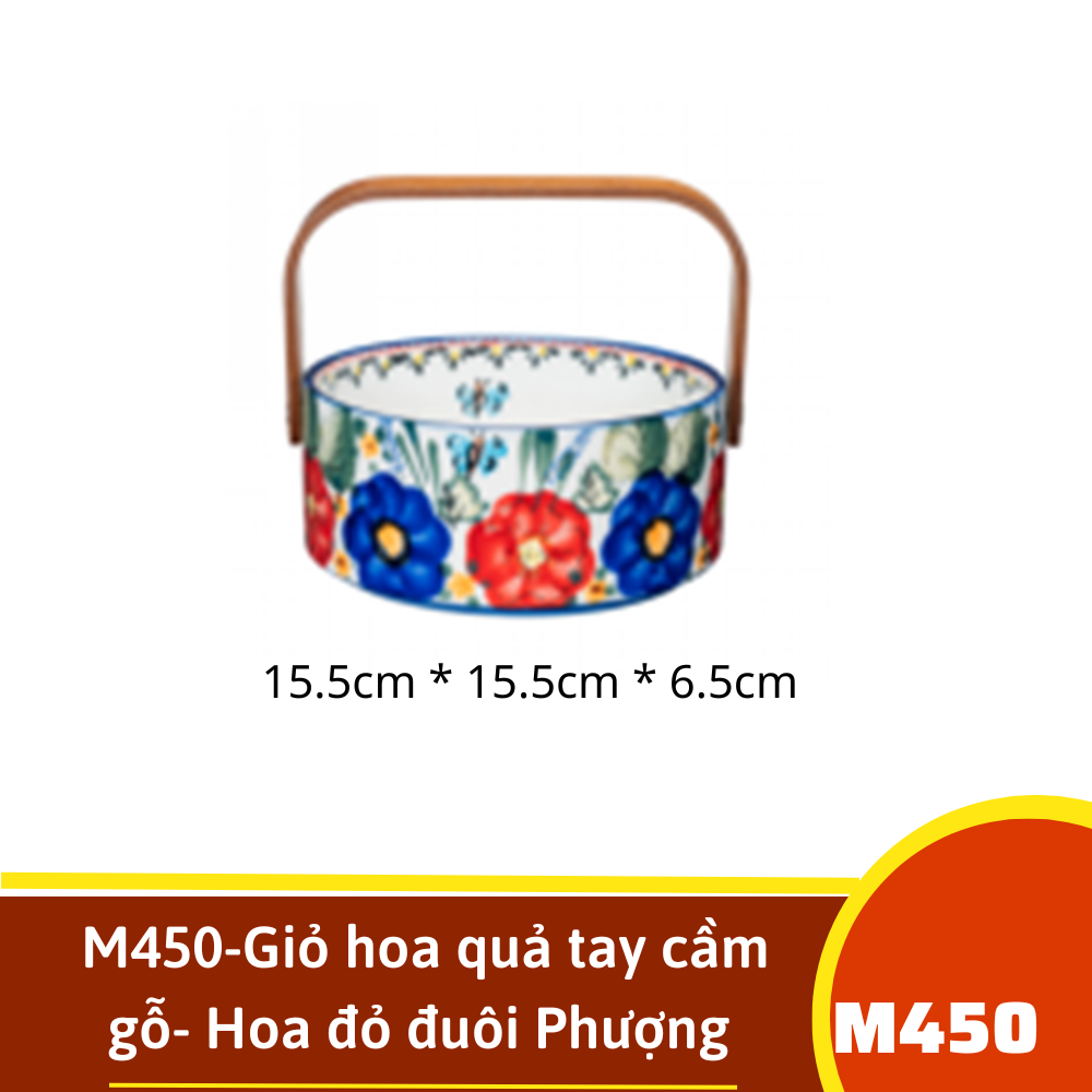 M450-Giỏ hoa quả tay cầm gỗ- Hoa đỏ đuôi Phượng Hoàng vẽ tay xuất Âu