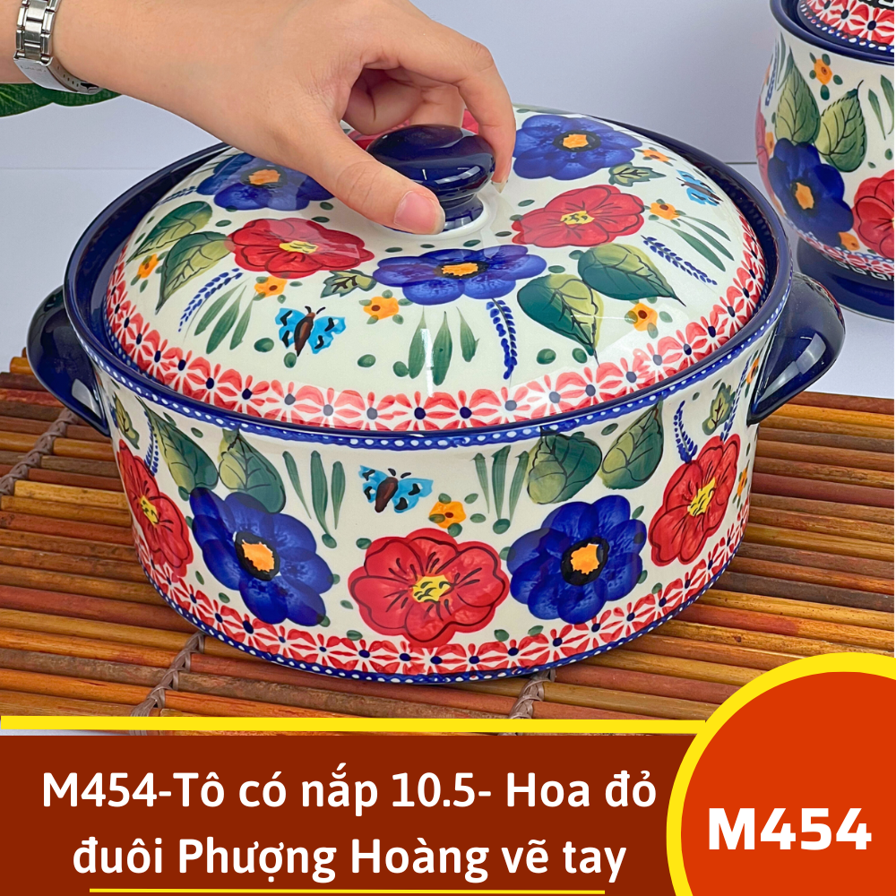 M454-Tô có nắp 10.5- Hoa đỏ đuôi Phượng Hoàng vẽ tay xuất Âu