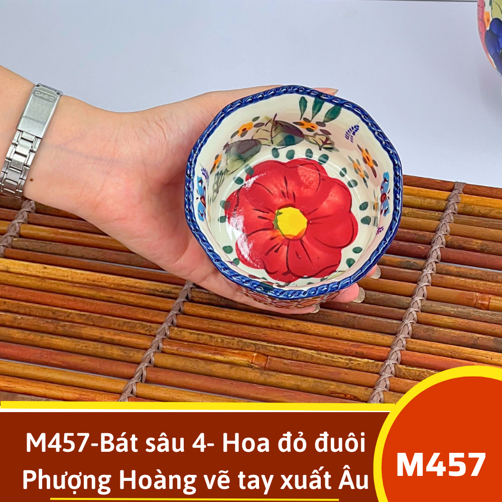 M457-Bát sâu 4- Hoa đỏ đuôi Phượng Hoàng vẽ tay xuất Âu