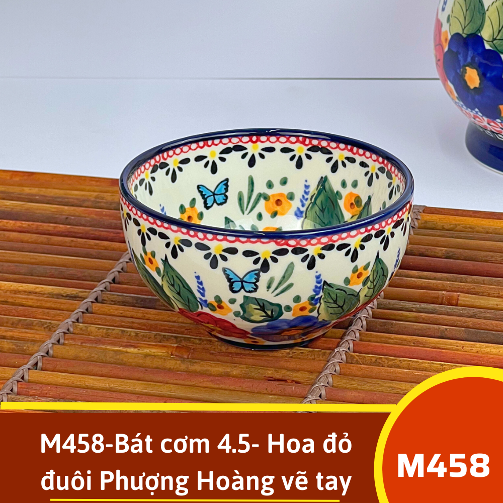 M458-Bát cơm 4.5- Hoa đỏ đuôi Phượng Hoàng vẽ tay xuất Âu