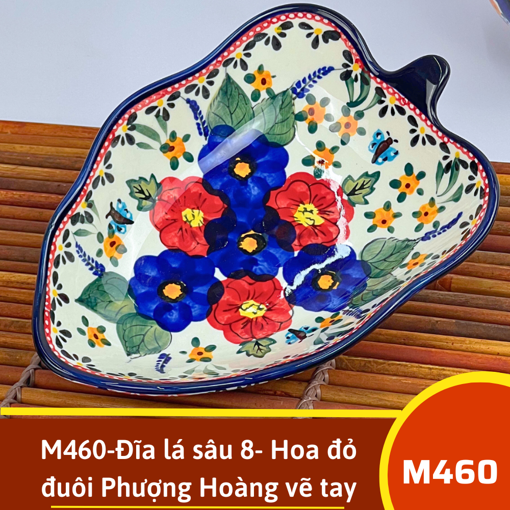 M460-Đĩa lá sâu 8- Hoa đỏ đuôi Phượng Hoàng vẽ tay xuất Âu
