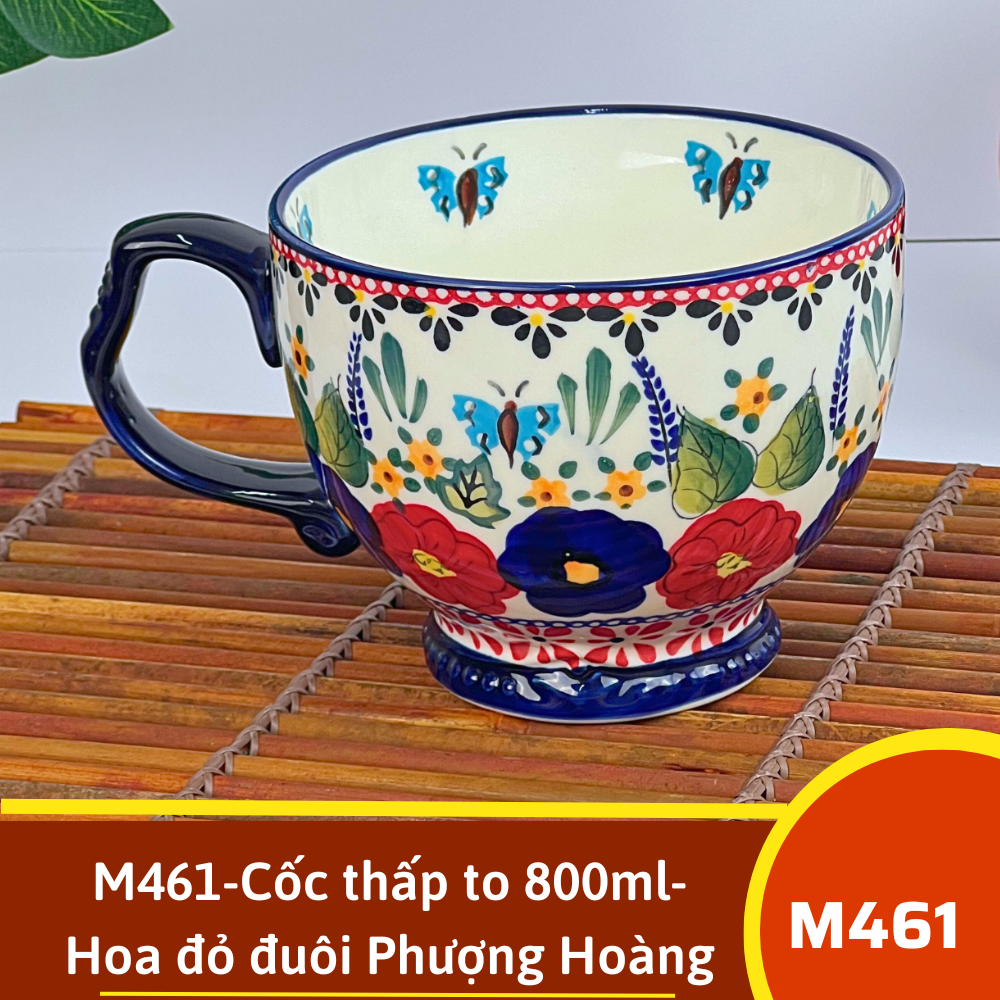 M461-Cốc thấp to 800ml- Hoa đỏ đuôi Phượng Hoàng vẽ tay xuất Âu