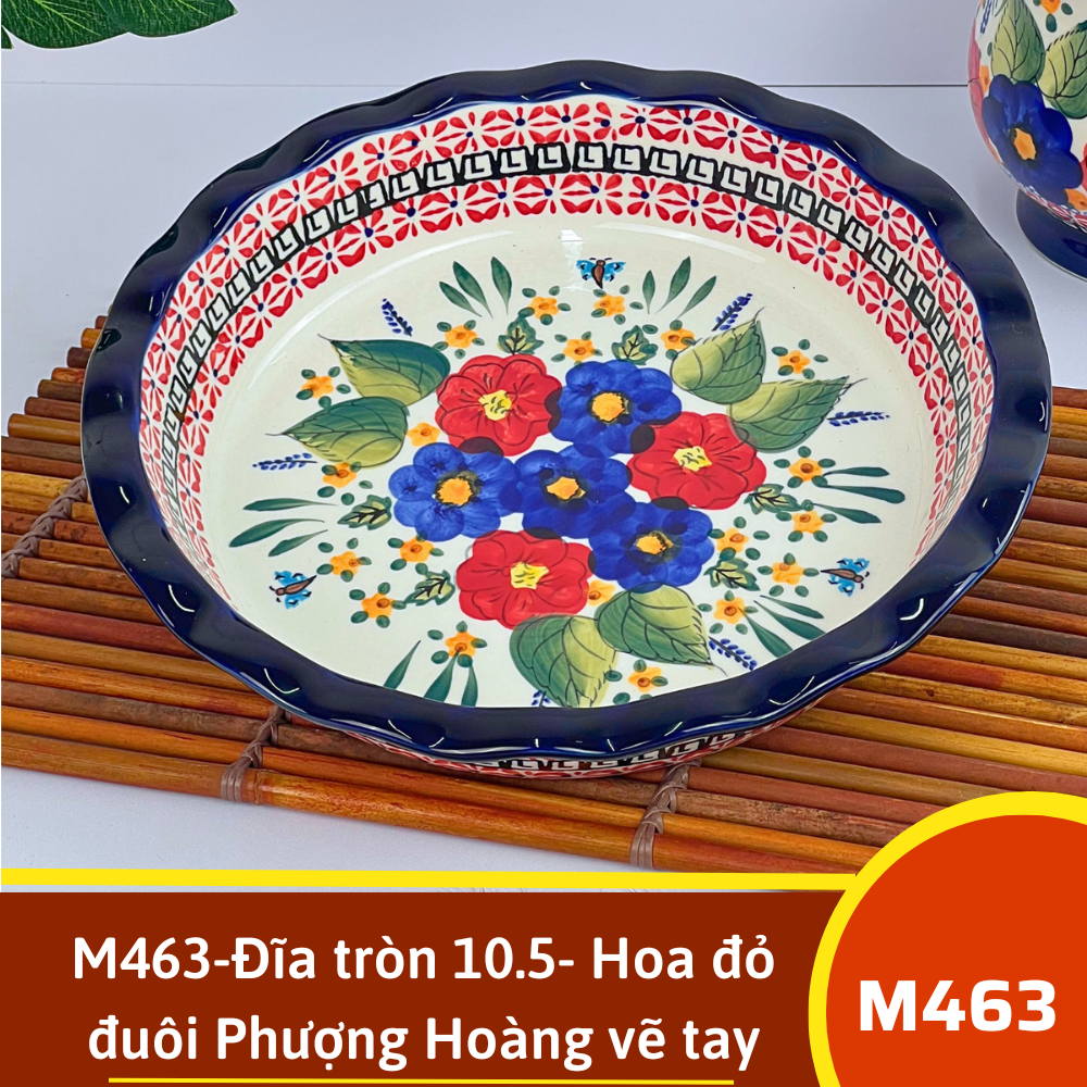 M463-Đĩa tròn 10.5- Hoa đỏ đuôi Phượng Hoàng vẽ tay xuất Âu