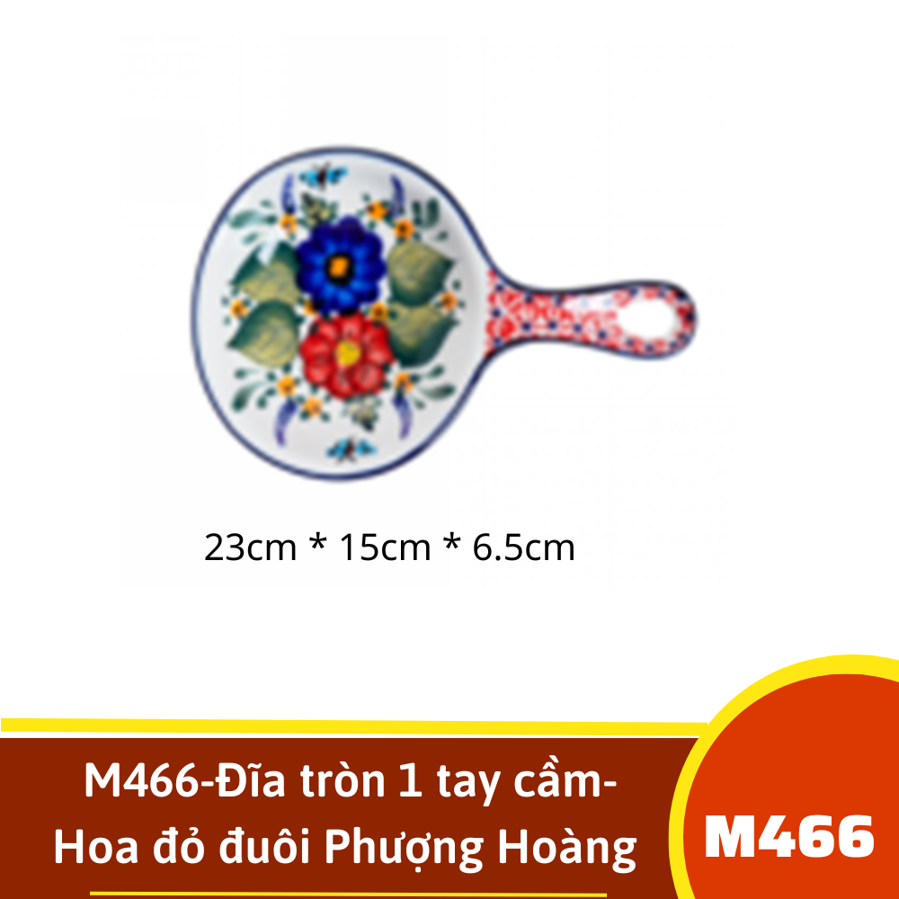 M466-Đĩa tròn 1 tay cầm- Hoa đỏ đuôi Phượng Hoàng vẽ tay xuất Âu