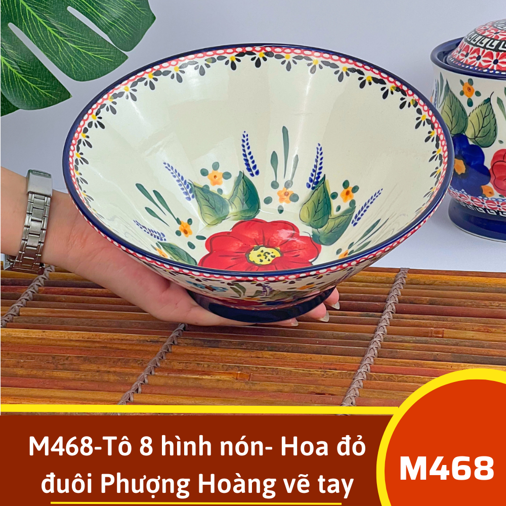 M468-Tô 8 hình nón- Hoa đỏ đuôi Phượng Hoàng vẽ tay xuất Âu