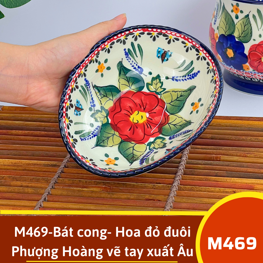 M469-Bát cong- Hoa đỏ đuôi Phượng Hoàng vẽ tay xuất Âu