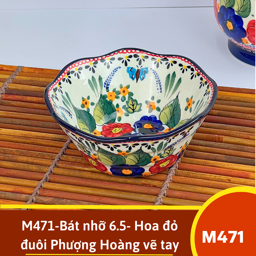 M471-Bát nhỡ 6.5- Hoa đỏ đuôi Phượng Hoàng vẽ tay xuất Âu