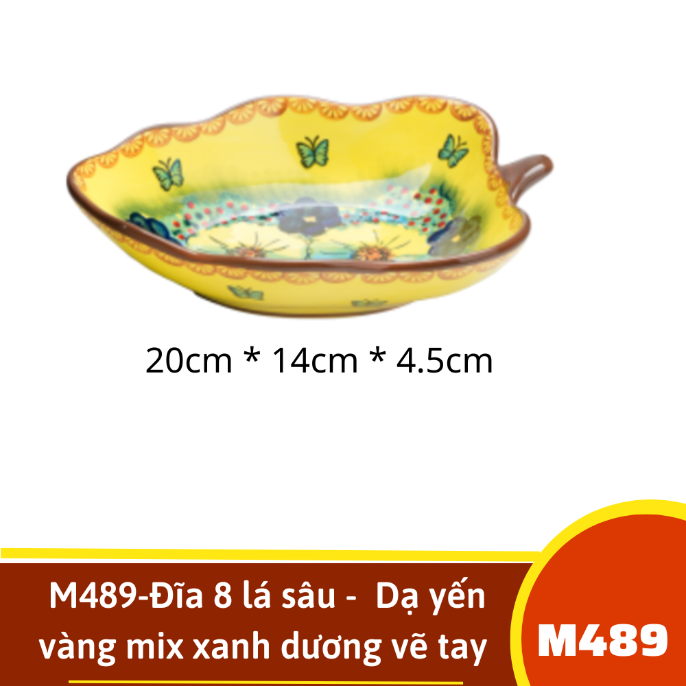 M489-Đĩa 8 lá sâu -  Dạ yến vàng mix xanh dương vẽ tay xuất Âu