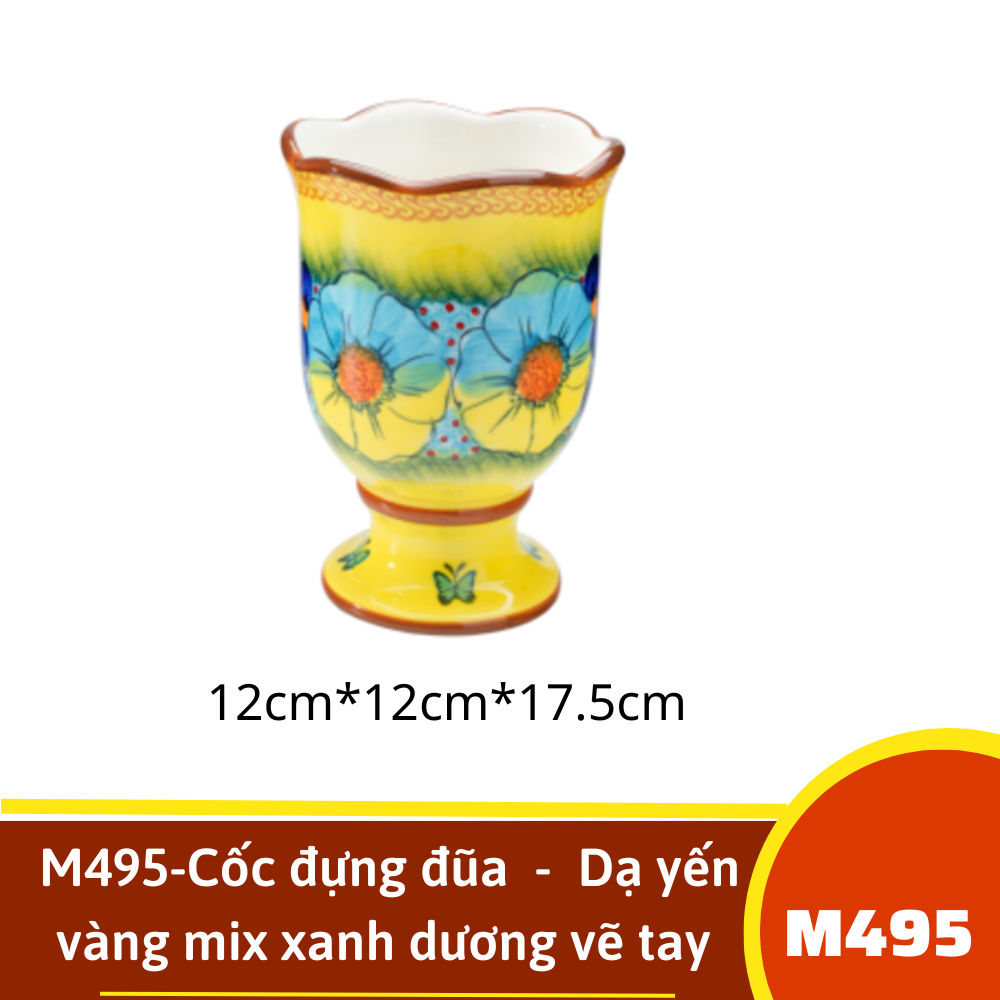M495-Cốc đựng đũa  -  Dạ yến vàng mix xanh dương vẽ tay xuất Âu