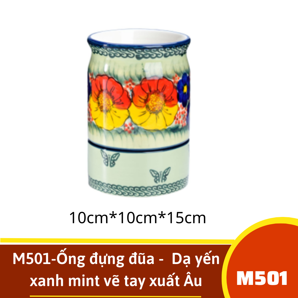 M501-Ống đựng đũa -  Dạ yến xanh mint vẽ tay xuất Âu