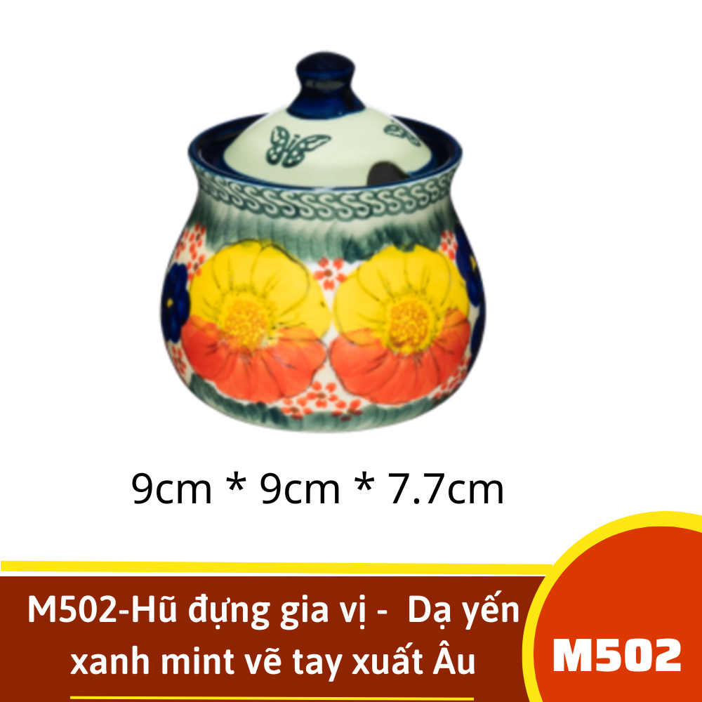 M502-Hũ đựng gia vị -  Dạ yến xanh mint vẽ tay xuất Âu