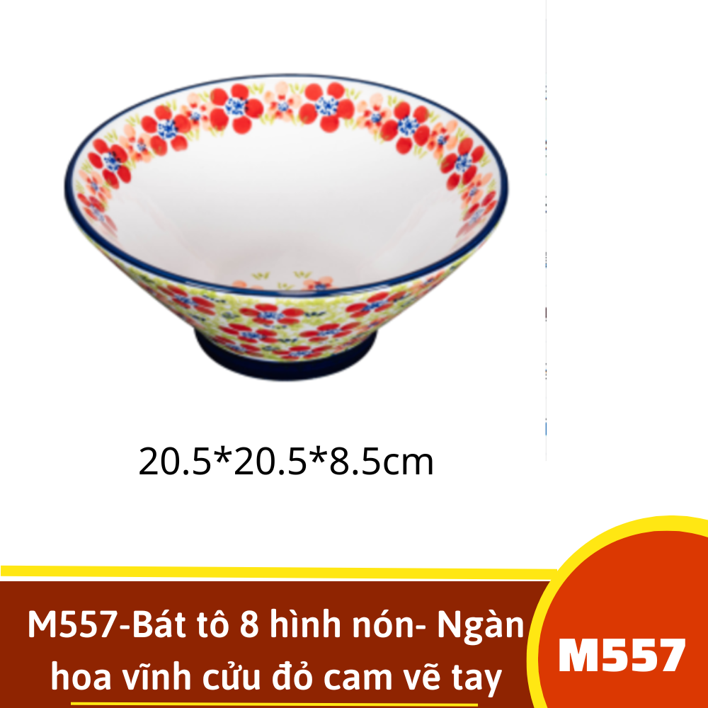 M557-Bát tô 8 hình nón- Ngàn hoa vĩnh cửu đỏ cam vẽ tay xuất Âu