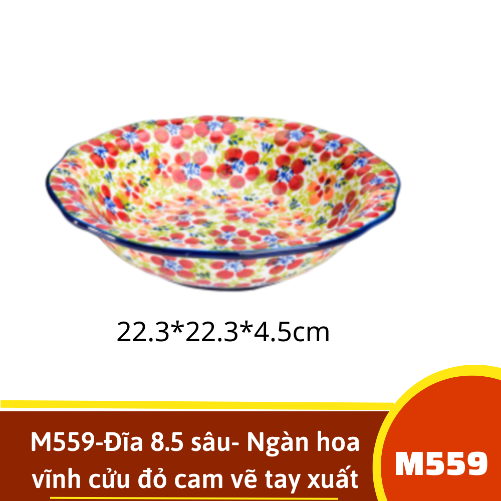 M559-Đĩa 8.5 sâu- Ngàn hoa vĩnh cửu đỏ cam vẽ tay xuất Âu