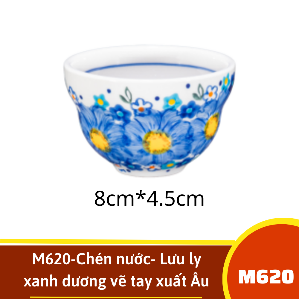 M620-Chén nước- Lưu ly  xanh dương vẽ tay xuất Âu