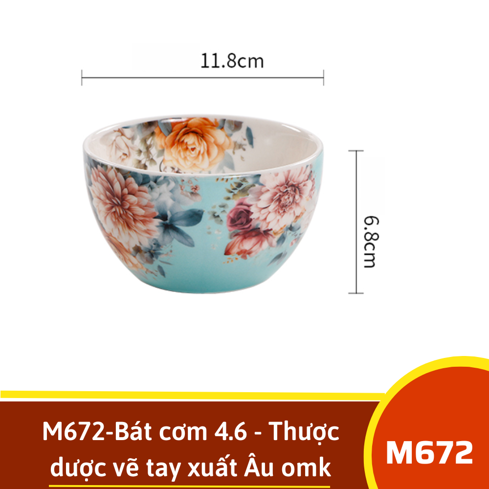 M672-Bát cơm 4.6 - Thược dược vẽ tay xuất Âu omk