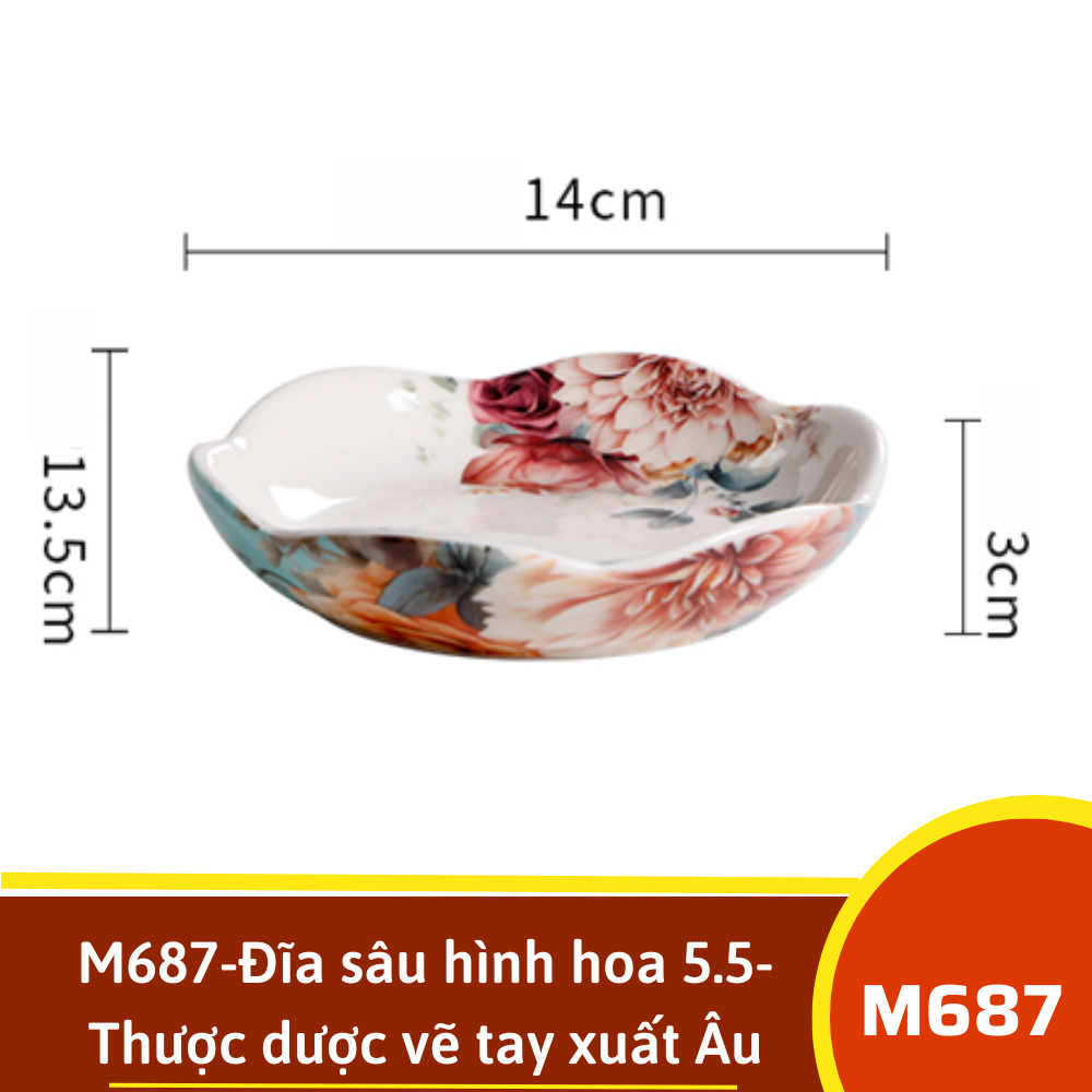 M687-Đĩa sâu hình hoa 5.5- Thược dược vẽ tay xuất Âu omk