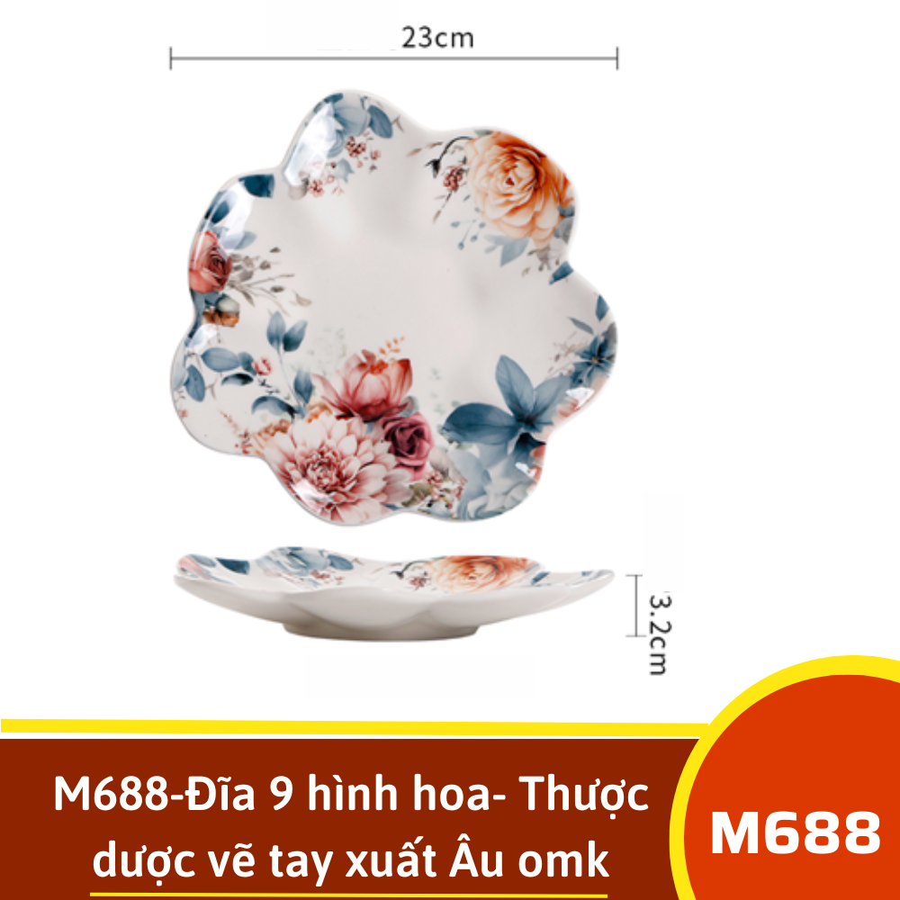 M688-Đĩa 9 hình hoa- Thược dược vẽ tay xuất Âu omk