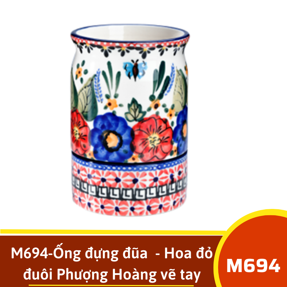 M694-Ống đựng đũa  - Hoa đỏ đuôi Phượng Hoàng vẽ tay xuất Âu
