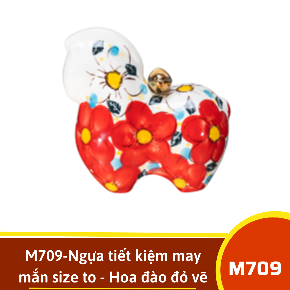 M709-Ngựa tiết kiệm may mắn size to - Hoa đào đỏ vẽ tay xuất Âu