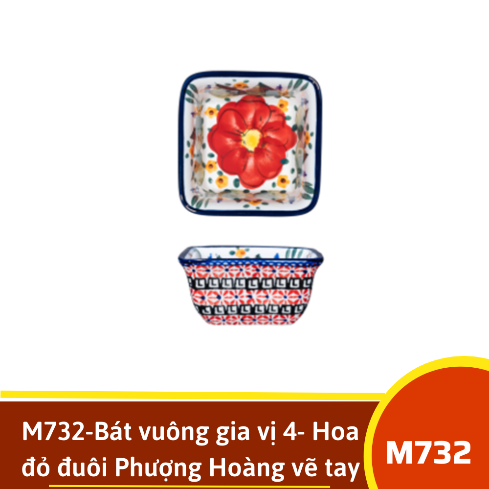 M732-Bát vuông gia vị 4- Hoa đỏ đuôi Phượng Hoàng vẽ tay xuất Âu
