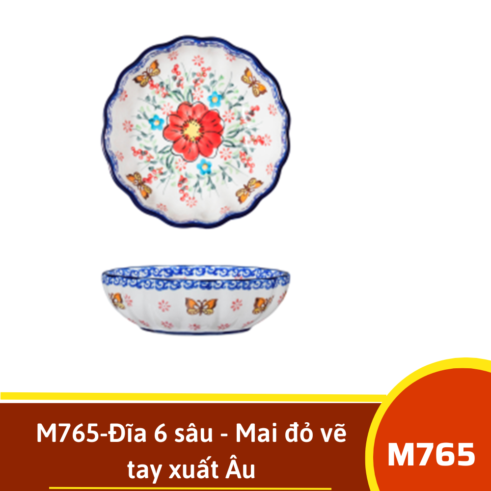 M765-Đĩa 6 sâu - Mai đỏ vẽ tay xuất Âu