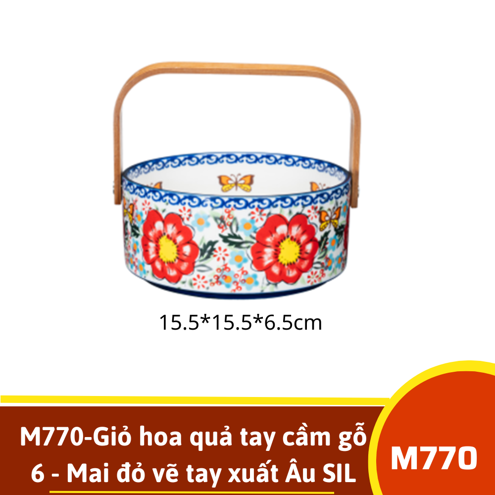 M770-Giỏ hoa quả tay cầm gỗ 6 - Mai đỏ vẽ tay xuất Âu SIL