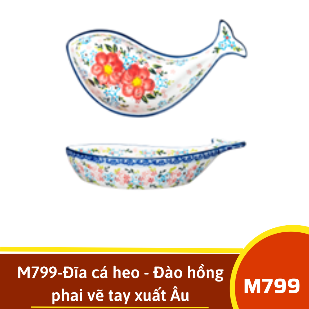 M799-Đĩa cá heo - Đào hồng phai vẽ tay xuất Âu