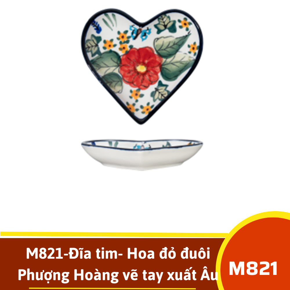 M821-Đĩa tim- Hoa đỏ đuôi Phượng Hoàng vẽ tay xuất Âu