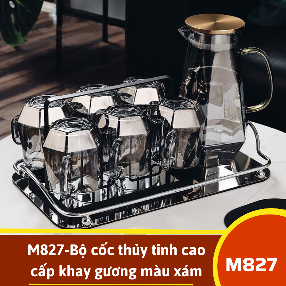 M827-Bộ cốc thủy tinh cao cấp khay gương màu xám khói giá treo