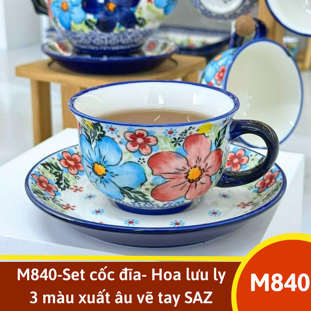 M840-Set cốc đĩa- Hoa lưu ly 3 màu xuất âu vẽ tay SAZ