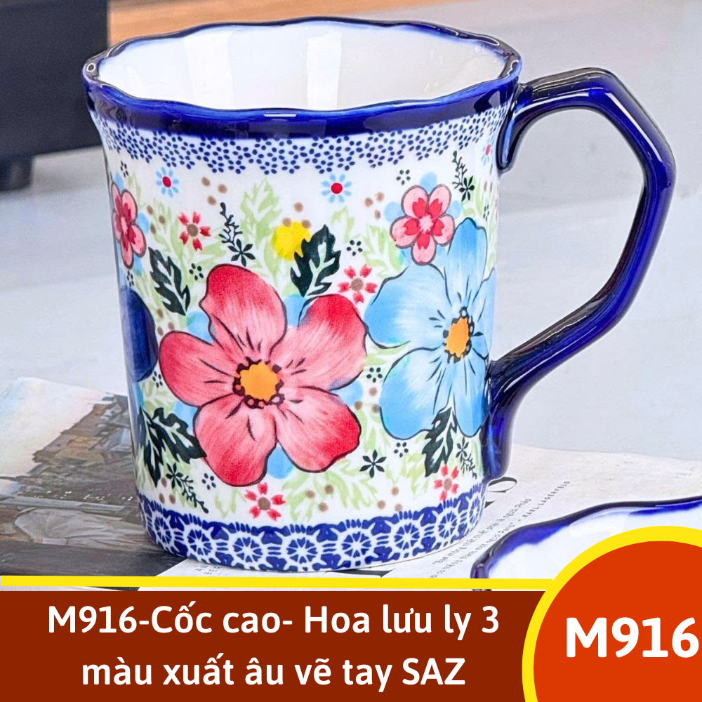 M916-Cốc cao- Hoa lưu ly 3 màu xuất âu vẽ tay SAZ