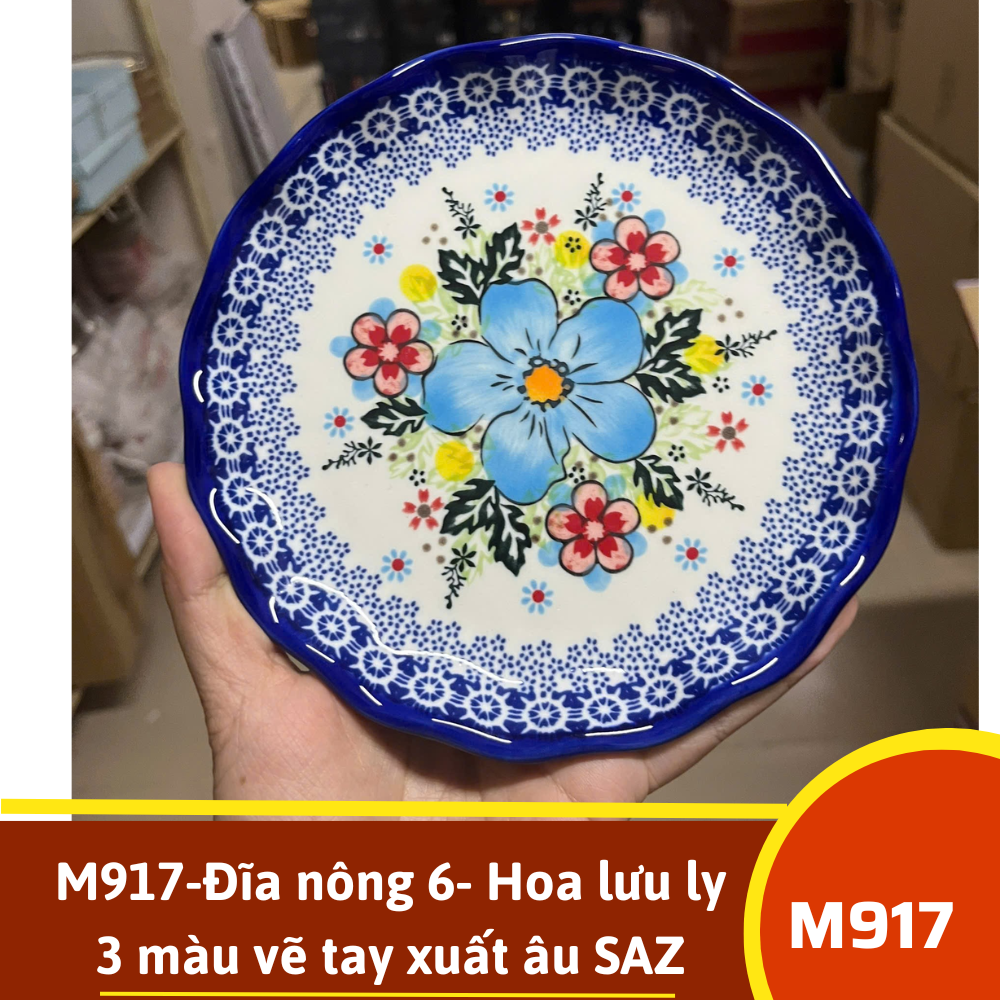 M917-Đĩa nông 6- Hoa lưu ly 3 màu vẽ tay xuất âu SAZ