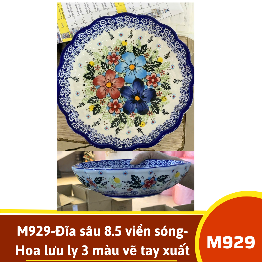 M929-Đĩa sâu 8.5 viền sóng- Hoa lưu ly 3 màu vẽ tay xuất Âu SAZ