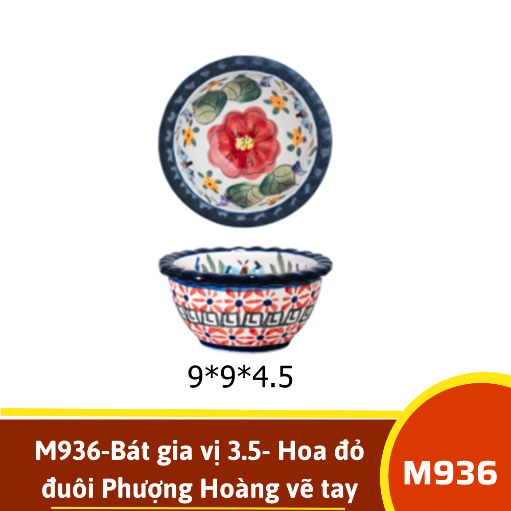 M936-Bát gia vị 3.5- Hoa đỏ đuôi Phượng Hoàng vẽ tay xuất Âu SIL