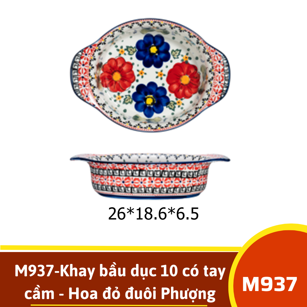 M937-Khay bầu dục 10 có tay cầm - Hoa đỏ đuôi Phượng Hoàng vẽ tay xuất Âu SIL