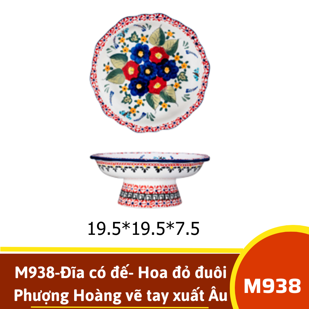 M938-Đĩa có đế- Hoa đỏ đuôi Phượng Hoàng vẽ tay xuất Âu SIL