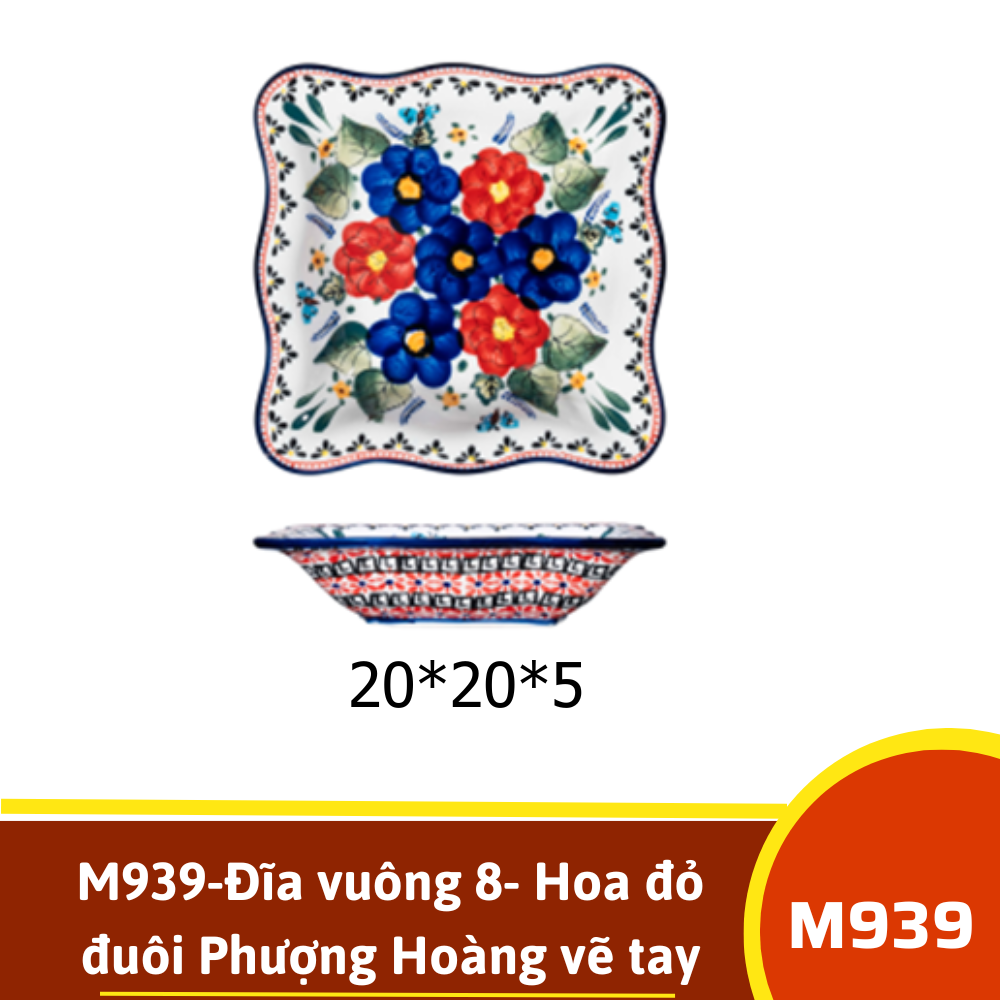 M939-Đĩa vuông 8- Hoa đỏ đuôi Phượng Hoàng vẽ tay xuất Âu SIL