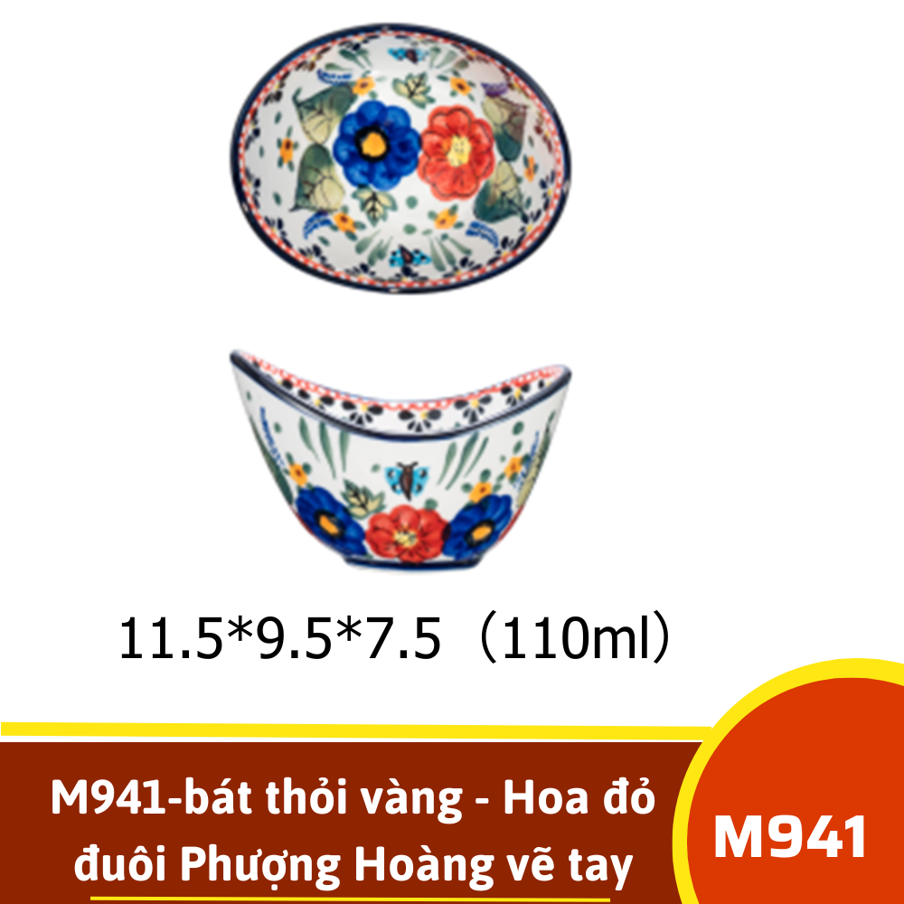 M941-bát thỏi vàng - Hoa đỏ đuôi Phượng Hoàng vẽ tay xuất Âu SIL