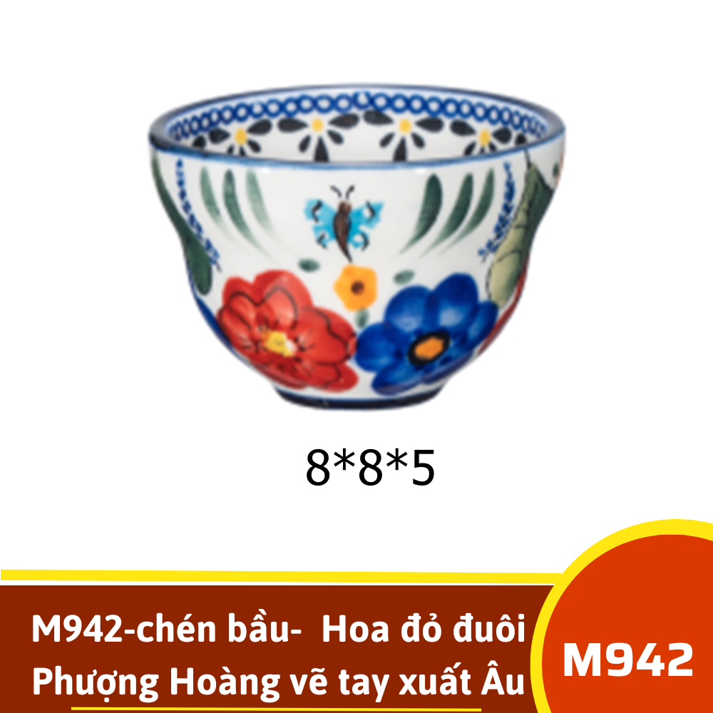 M942-chén bầu-  Hoa đỏ đuôi Phượng Hoàng vẽ tay xuất Âu SIL