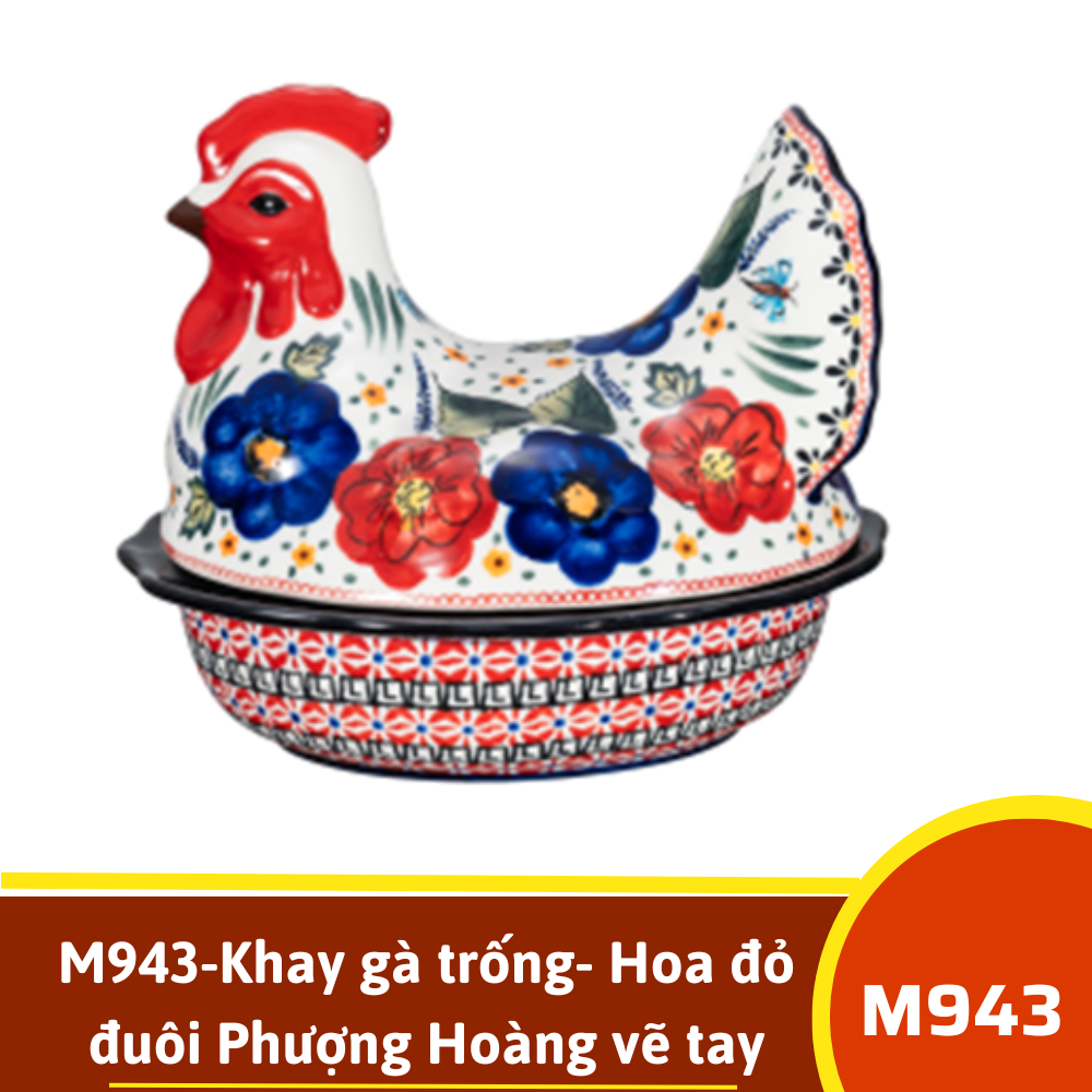 M943-Khay gà trống- Hoa đỏ đuôi Phượng Hoàng vẽ tay xuất Âu SIL