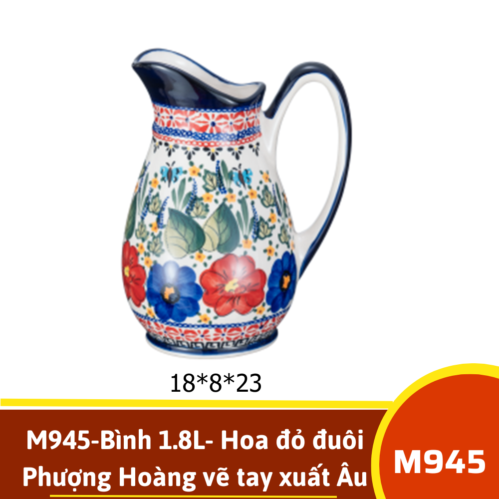 M945-Bình 1.8L- Hoa đỏ đuôi Phượng Hoàng vẽ tay xuất Âu SIL